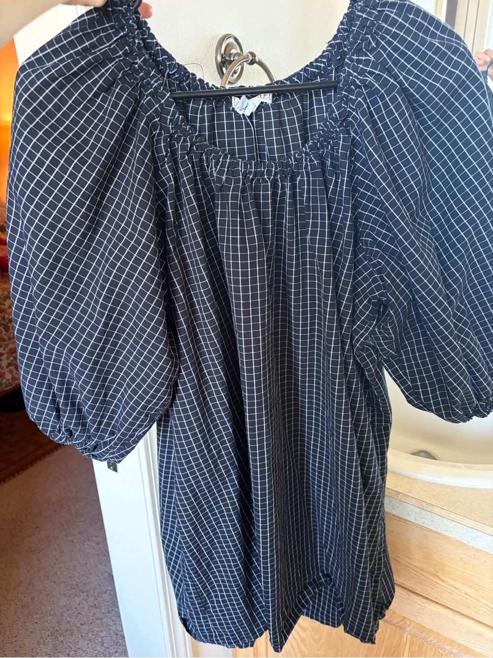 Black Windowpane Puff-Sleeve Mini Dress